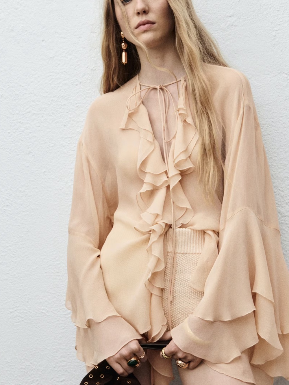 Mango Ruffle Tie-Neck Blouse in Blush Beige